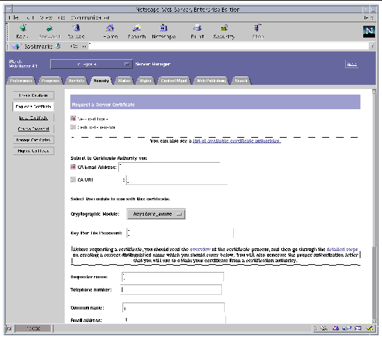 Screenshot of the Sun ONE Web Server 4.1 Administration Server Request a Server Certificate Dialog Box