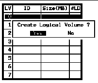 The "Create Logical Volume?" prompt is displayed.