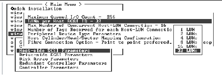 Screen capture showing three menus with "Host-side SCSI Parameters," "LUNs per Host SCSI ID - 32," and "32 LUNs" chosen.