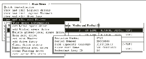 Screen capture shows "view and edit scsi drives" and a submenu with "View drive information" chosen. The fundamental drive information is displayed.