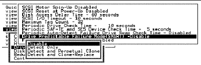 Screen capture showing "Disable" chosen from the Drive Predictable Failure Mode (SMART) menu.