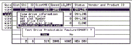 Screen capture showing "Predictable Failure Test" chosen and Yes chosen on the "Test Drive Predictable Failure (SMART)" confirmation message.