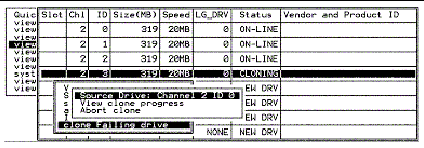 Screen capture showing "Source Drive: Channel 2 ID 0" after choosing a spare drive from the View and Edit SCSI Drive menu.
