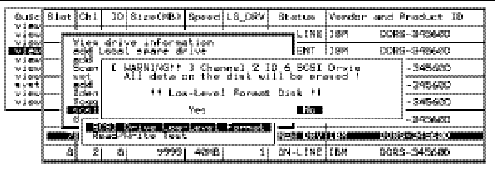 Screen capture showing two messages [WARNING!!] Channel 2 ID 6 SCSI Drive All data on the disk will be erased!" and "!!Low-Level Format Disk!!" "No" is chosen.
