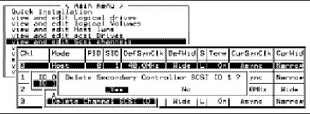 Screen capture showing a SCSI ID selected and the "Delete Secondary Controller SCSI ID1?" message displayed. "Yes" is chosen.