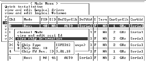 Screen capture showing SCSI channel chip information.