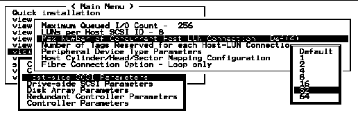 Screen capture showing submenus with "Host-side SCSI Parameters," "Max Number of Concurrent Host-LUN Connection - Def(4)," and "32" chosen.