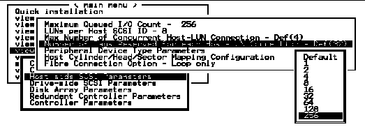 Screen capture showing submenus with "Host-side SCSI Parameters," "Number of Tags Reserved for each Host-LUN Connection - Def (32)," and "256" chosen.