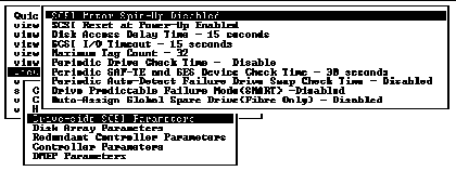 Screen capture showing the first submenu with "Drive-side SCSI Parameters" chosen and the second submenu shows "SCSI Motor Spin-Up Disabled."