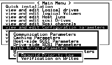Screen capture showing submenus with "Disk Array Parameters" and "Rebuild Priority Low" chosen.