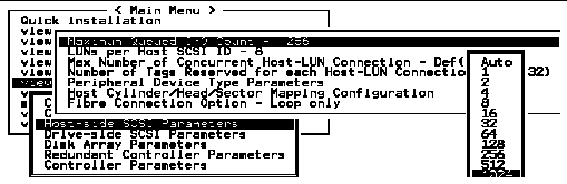 Screen capture showing submenus with "Host-side SCSI Parameters," "Maximum Queued I/O Count - 256," and "1024" chosen.