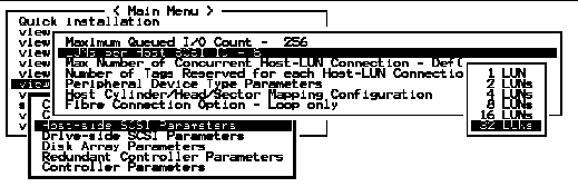 Screen capture showing submenus with "Host-side SCSI Parameters," "LUNs per Host SCSI ID - 8," and "32 LUNs" chosen.