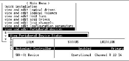 Screen capture showing a submenu with "View Peripheral Device Status" chosen, and the status window shows the Item, Status, and Location.