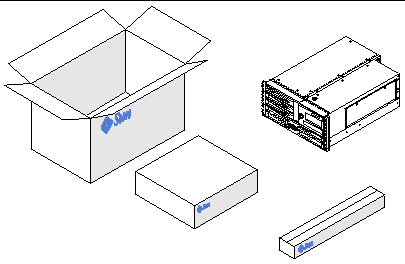 This illustration depicts the Sun Fire V490 server and the boxes used to unpcack it. 