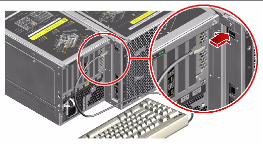 This illustration shows the attachment of a keyboard's USB cable to a Sun Fire V490 USB port