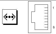 This figure shows the pinout diagram and symbol for the twisted-pair Ethernet connector.