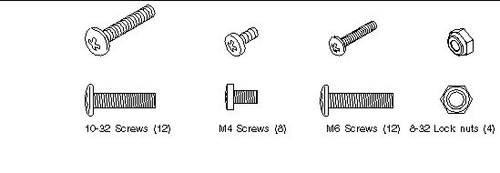 This illustration shows the screws and lock nuts (in actual size) that are included in the rack kit. A quantity is indicated for each screw. 