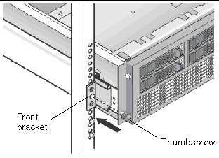 Graphic showing V40z server and slide rails pushed into rack, with thumbscrew on server aligned with middle hole in slide rail front bracket.