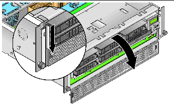 Graphic showing CPU card door opening 180-degrees by pushing release lever on left side of door.