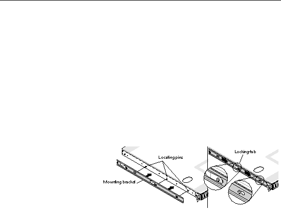 Graphic showing mounting brackets aligned with front 3 locating pins on Sun Fire V20z server side, with enlarged view of bracket locking tab over the center pin.