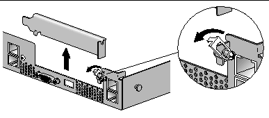 Figure showing release of Sun Fire V20z PCI card slot latch and removal of PCI card slot cover.