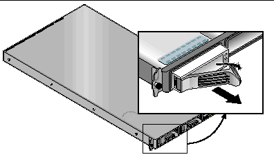 Figure showing direction to open the Sun Fire V20z SCSI hard disk drive carrier latch.