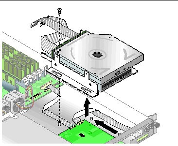 Figure showing removal of a Sun Fire V20z CD-ROM/DVD/floppy disk drive.