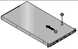 Figure showing the location of the Sun Fire V20z cover latch release and direction to slide the cover off.