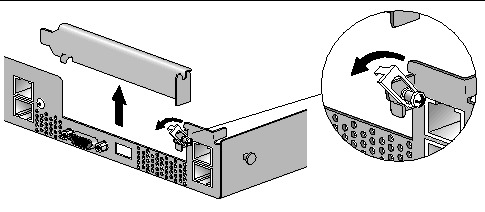 Graphic showing how to open the retaining latch on a Sun Fire V40z horizontal card slot. Removal of the PCI slot cover is also shown.
