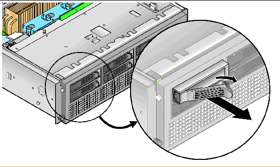 Figure showing direction to open the Sun Fire V40z SCSI hard disk drive carrier latch, right-to-left.