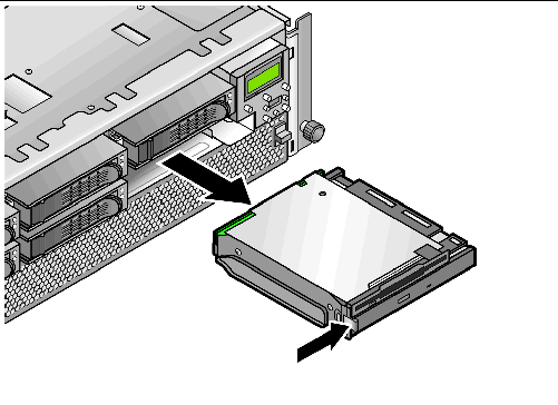 Graphic showing location of the release latch on the front-left side of the Sun Fire V40z DVD/diskette drive assembly.