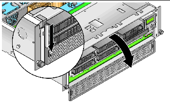 Graphic showing how to open the Sun Fire V40z CPU card door by pressing down on the relese latch on the left side of the door.