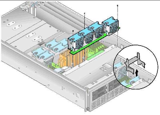 Graphic showing how to remove the Sun Fire V40z front fan cage assembly by removing its three securing screws. An inset shows the fan 12 air baffle.