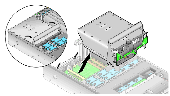 Graphic showing how to remove a Sun Fire V40z power supply cage assembly.