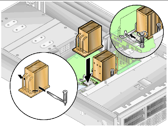 Figure showing installation of the securing clip and heatsink on a CPU on a Sun Fire V40z motherboard.