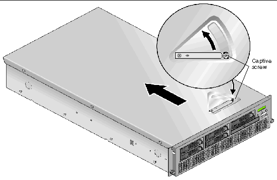 Figure showing the location of the Sun Fire V40z cover latch release and direction to slide the cover off.