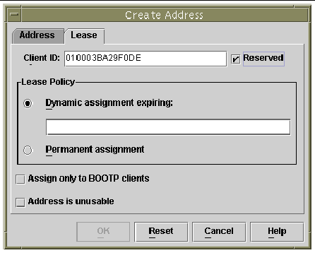 Example of the Create Address window, with the Lease tab exposed and a sample Client ID specified.