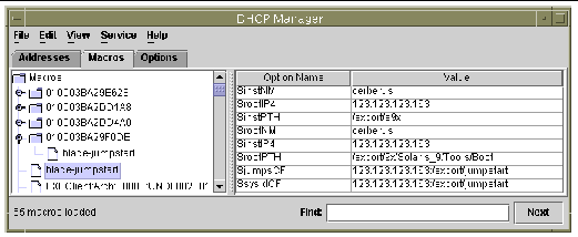 The DHCP Manager window with sample `blade-jumpstart` macro highlighted and options associated with it listed on right.