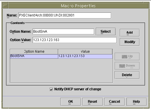 GUI window showing the property of the global PXE macro (this macro must have only a single property defined: BootSrvA.
