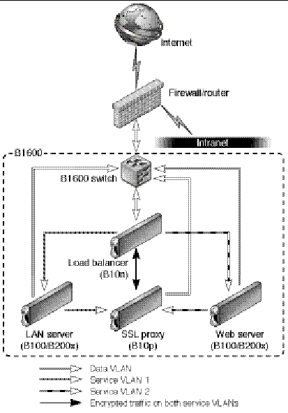 Illustration depicts the network architecture and connectivity of the Data VLAN, Service VLAN 1, Service VLAN 2, and Encrypted traffic on both of the Service VLANs.