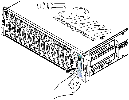 Illustration showing a hand pulling the lever mechanism in a forward and upward motion to unlatch and partially eject the filler panel.