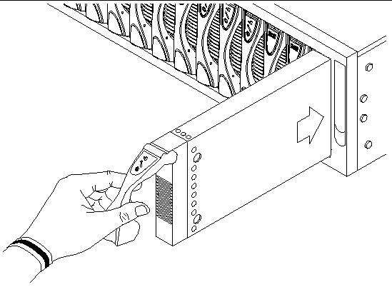 Illustration showing a hand aligining and inserting the blade in
to an empty slot in the system chassis.