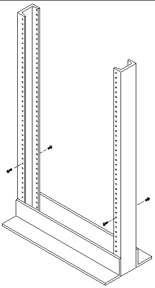 Figure showing the location and positioning of the screws in the front and back mounting holes of the Telco 2-post rack.