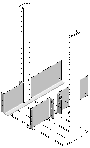 Figure showing the location of the rails mounted on the front and back screws of the Telco 2-post rack