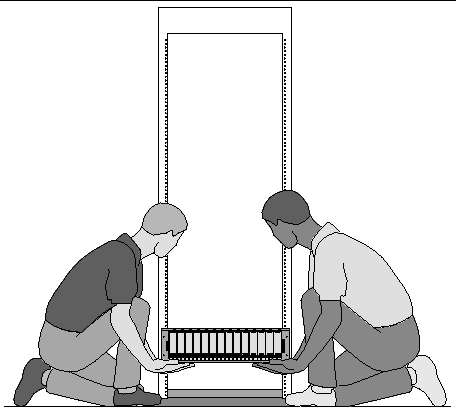Figure showing one person at each side of the array positioned at the bottom of the 2-post rack. 