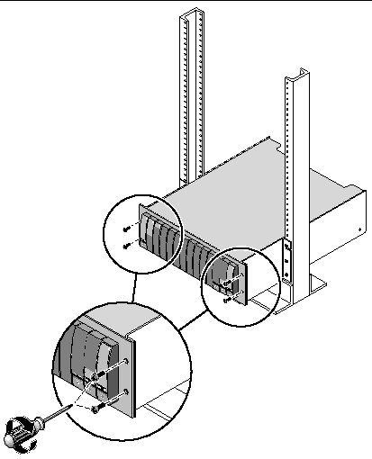 Figure showing the location of the four 10-32 screws used to secure the array to the front of the 2-post rack