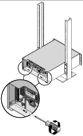 Figure showing the location of the two screws used to secure the array to the back of 2-post rack