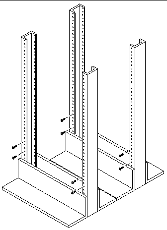 Figure showing the location and positioning of loosely-mounted screws in the front and back posts of the 4-post rack. 