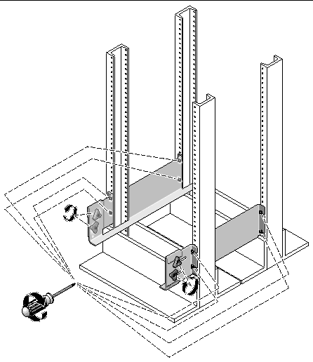 Figure showing the location of the hand knobs used to adjust the rails and the eight screws you must tighten on the left and right rails of the 4-post rack. 