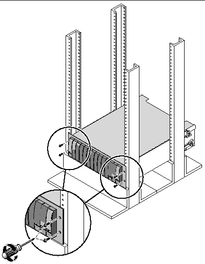 Figure showing the location of the four 10-32 screws used to secure the array to the front of the 4-post rack